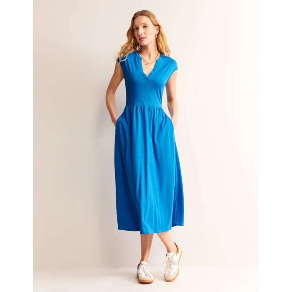Boden Chloe Notch Jersey Midi Dress Sz 8R Blue Preppy Coastal Travel Loungewear